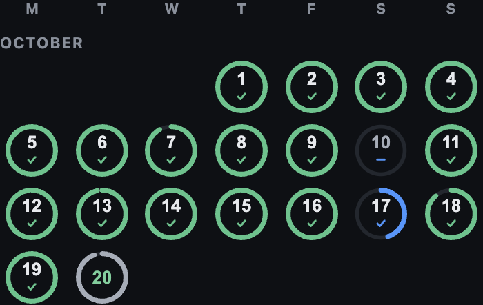 The History calendar: a ring for every day of the month, green for days marked complete